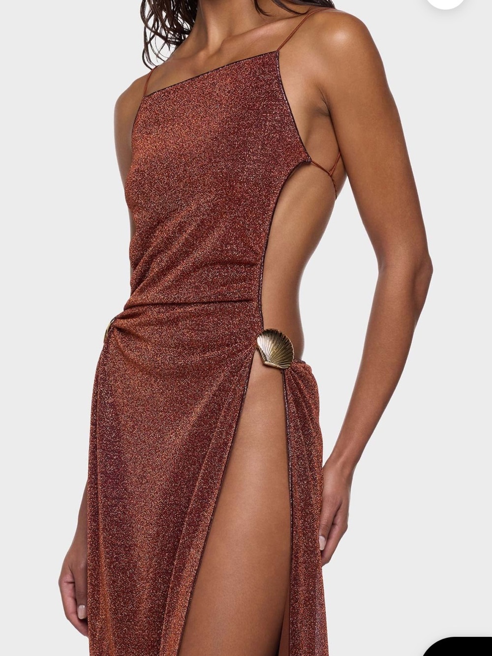 Oseree Metallic Rust Backless Cutout Maxi Dress with Shell Detail